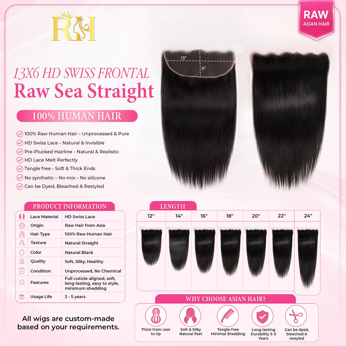 13X6 Straight HD Swiss Frontal